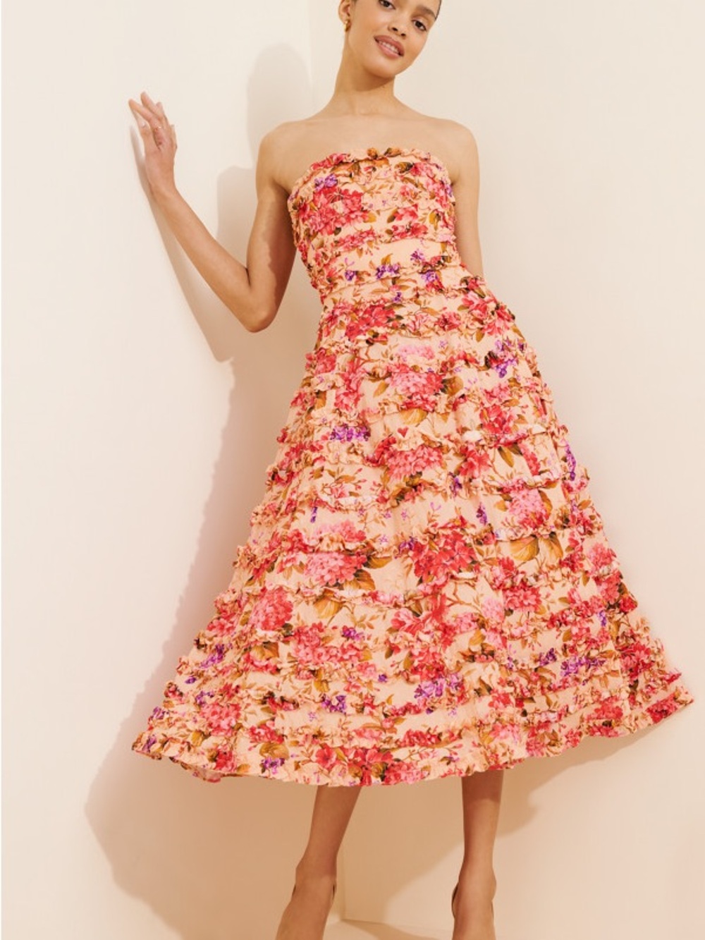 Mac Duggle Strapless Floral Midi Dress in Peach Pink